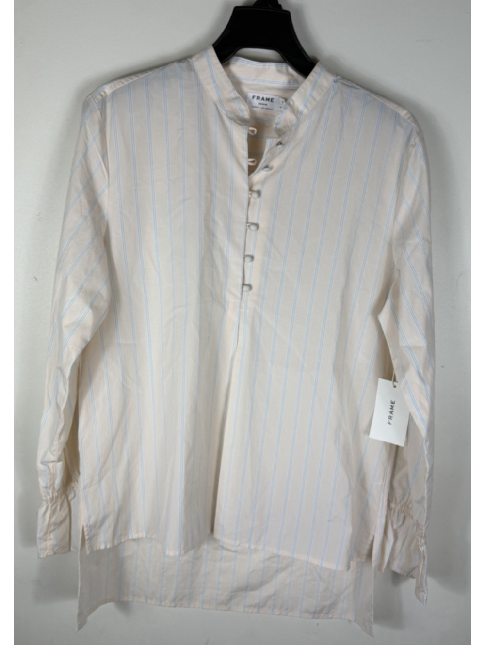 FRAME Denim Striped Cotton Mandarin Collar Blouse Ruffle Cuff Pink size S New